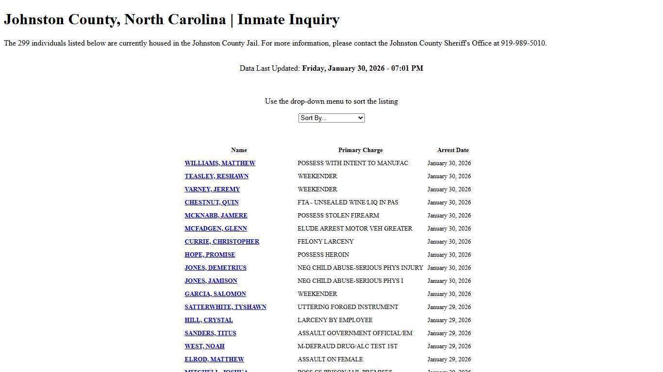 Johnston County, North Carolina Inmate Inquiry